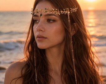 Boho Leaf Forehead Chain Headpiece, Alloy Festival Hair Jewelry, Woodland Bridal Head Chain, Elven Goddess Hair Accessory Fairy Gift for Her