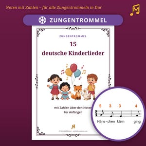 Könnte beinhalten: Ein Notenbuch-Cover mit dem Titel 15 deutsche Kinderlieder für Zungentrommeln, illustriert mit zwei Kindern, einem Fuchs, einer Ente und Luftballons. Ein kreisförmiger Ausschnitt zeigt Noten mit Zahlen und den Text Häns-chen klein ging.