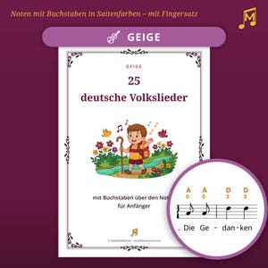 Op de afbeelding: Een muziekboek getiteld 25 deutsche Volkslieder voor viool, met een cartoonillustratie van een kind dat in de natuur wandelt. De omslag bevat Duitse tekst, muzieknoten en een cirkelvormig inzetstuk met bladmuziek en vingerzettingen.