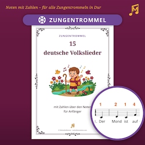 May include: A music book titled 15 deutsche Volkslieder for tongue drums, featuring a cartoon illustration of a child hiking. The cover includes the text ZUNGENTROMMEL and a circular inset showing musical notation with numbers 1, 2, 1, 4 above notes.