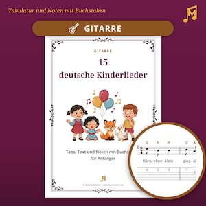 May include: A guitar music book cover titled 15 deutsche Kinderlieder featuring illustrations of two children, a fox, a duck, and balloons. The cover includes text, musical notes, and a circular inset showing guitar tablature with the lyrics Häns-chen klein.