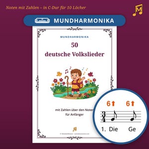 May include: A music book cover titled 50 deutsche Volkslieder for a 10-hole harmonica in C major. The cover features a cartoon child walking in a landscape with flowers and birds, along with musical notation examples showing numbers above notes.