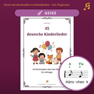 Puede incluir: Una portada de libro de música titulada 45 deutsche Kinderlieder para violín, con una ilustración de dos niños, un zorro y un pato con globos. Un recuadro circular muestra partituras con notas en letras verdes y números de dedos.