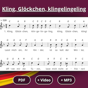 May include: Musical score for the song "Kling, Glöckchen, klingelingeling" with musical notation and lyrics. The title is at the top, and the German flag is at the bottom. Options for PDF, Video, and MP3 are also included.