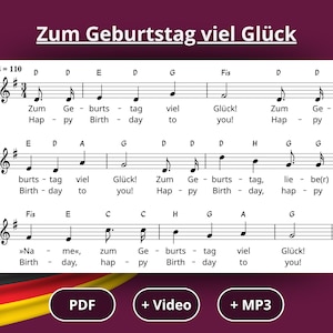 Könnte beinhalten: Notenblatt mit dem deutschen Titel "Zum Geburtstag viel Glück" (Alles Gute zum Geburtstag). Die Noten sind auf weißem Hintergrund dargestellt, mit der deutschen Flagge unten. Enthält PDF-, Video- und MP3-Optionen.