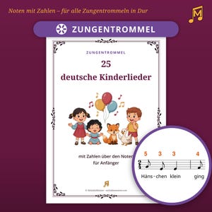 May include: A music book titled 25 deutsche Kinderlieder for tongue drums, featuring a cover illustration of two children, a fox, and a duck with balloons. A circular inset shows musical notation with numbers above notes for the song Häns-chen klein.