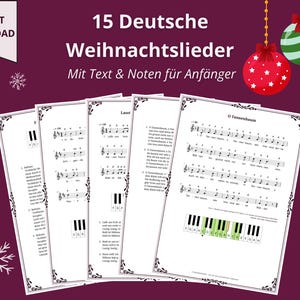 Könnte beinhalten: Eine Sammlung von Notenblättern mit deutschen Weihnachtsliedern. Der Titel lautet "15 Deutsche Weihnachtslieder Mit Text & Noten für Anfänger". Die Seiten sind weiß mit schwarzem Text und Noten, und mit einem schwarzen Rand verziert.
