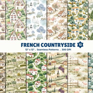 Pode incluir: Uma coleção de padrões sem costura em aquarela com cenas da zona rural francesa. Os padrões incluem ilustrações de casas, árvores e paisagens. O texto "FRENCH COUNTRYSIDE 12" é exibido, juntamente com as dimensões 30,48 cm x 30,48 cm e "Seamless Patterns . 300 DPI".
