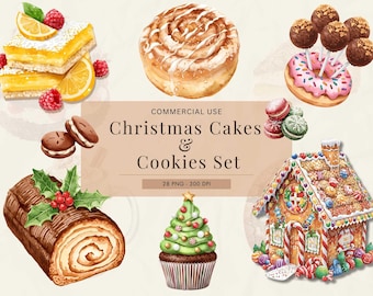 Christmas Dessert Clipart Set  Watercolor Holiday Cakes Cookies & Pies PNG