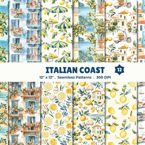 May include: A collection of 12 seamless patterns with an Italian Coast theme. The watercolor designs feature lemons, coastal scenes, buildings, and umbrellas. The text "ITALIAN COAST" is displayed.