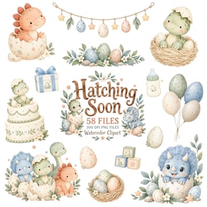 Puede incluir: Una colección de ilustraciones en acuarela con dinosaurios bebés, huevos moteados, un pastel, una caja de regalo, un biberón y arreglos florales. El texto central dice Hatching Soon 58 FILES 300 DPI PNG FILES Watercolor Clipart.