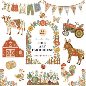 Può includere: Una collezione di clipart ad acquerello con mucca, asino, gallo, anatra, trattore, fienile, balla di fieno, verdure, festoni e vestiti, decorati con motivi floreali di arte popolare, attorno a un arco floreale centrale con testo.