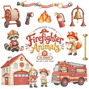 Pode incluir: Uma coleção de clipart em aquarela com animais bombeiros, um quartel de bombeiros, um caminhão de bombeiros e equipamentos de combate a incêndio. O texto central diz "Watercolor Clipart Firefighter Animals 83 Images 300 DPI PNG Files".