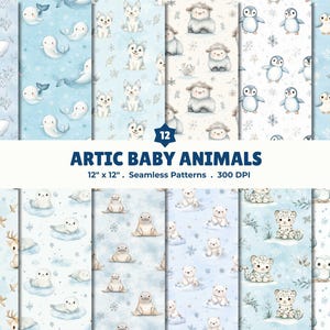 Peut inclure: Une collection de 12 motifs sans couture avec des illustrations à l'aquarelle d'animaux bébés arctiques. Les motifs comprennent des renards, des baleines, des huskies, des moutons, des pingouins, des cerfs, des phoques, des ours polaires, des léopards des neiges et des hiboux. Le texte indique "ARTIC BABY ANIMALS 12" x 12". Seamless Patterns . 300 DPI."