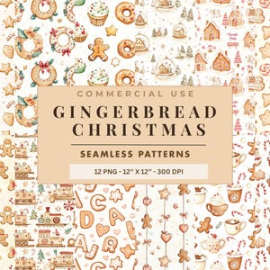 Padrões de Natal em aquarela com tema de biscoito de gengibre, perfeitos para artesanato e design (12 arquivos PNG).