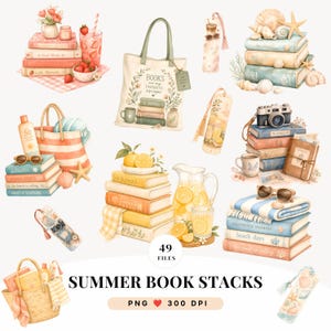 May include: A collection of watercolor illustrations featuring stacks of books, tote bags, bookmarks, beach accessories, and summer drinks. The central tote bag displays the text 'BOOKS ARE MY FAVORITE ESCAPE'. The set includes 49 files labeled SUMMER BOOK STACKS.