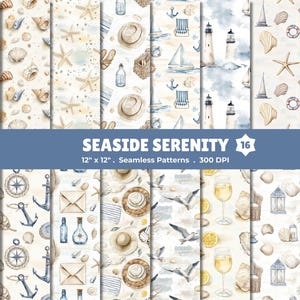 Beach Watercolor Seamless Patterns for Crafts & Design | 16 Coastal Digital Papers