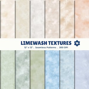 May include: A collection of 16 seamless limewash textures in various colors, including white, beige, peach, pink, green, blue, and gray. Each texture is 12 x 12 inches and 300 DPI. The image features a variety of soft, blended color washes.