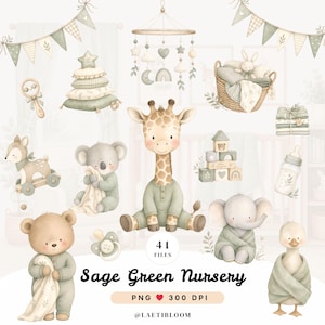 Op de afbeelding: Een verzameling digitale illustraties met een thema voor een babykamer in saliegroen. De afbeelding toont verschillende babydieren, speelgoed en decoratieve elementen, waaronder een giraf, een olifant, een beer en een eend. De tekst "Sage Green Nursery" staat onderaan.
