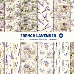 May include: A collection of 12 seamless patterns featuring French lavender designs. The patterns include images of lavender fields, cottages, bouquets, and baskets, all in a watercolor style. The text "FRENCH LAVENDER" is displayed.