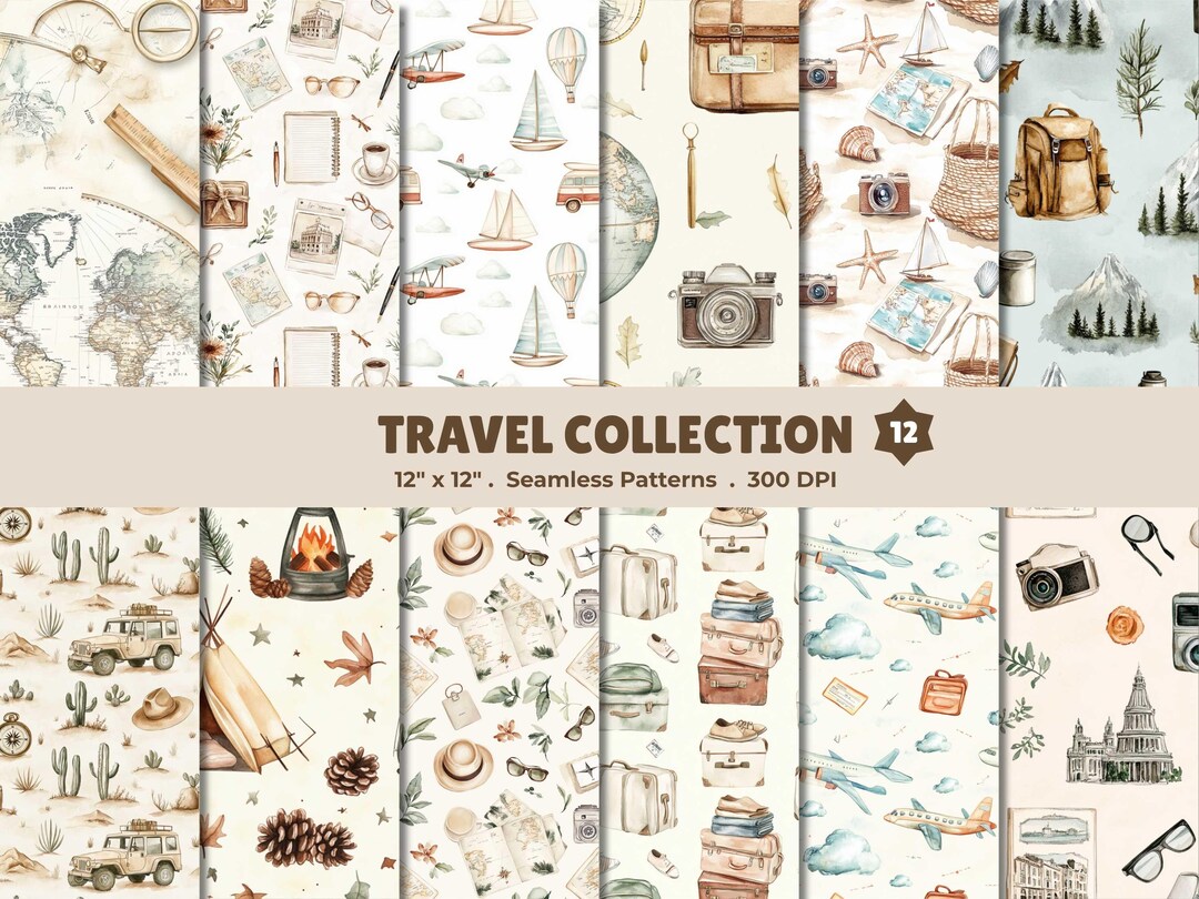 Travel Pattern Paper Travel Watercolor Seamless Patterns | 12 JPG Digital Papers for ...