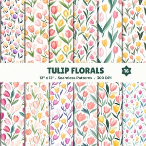 May include: A collection of 16 seamless patterns featuring watercolor tulip florals in pink, yellow, and orange hues. The patterns are 12" x 12" and 300 DPI. The text "TULIP FLORALS" is displayed.