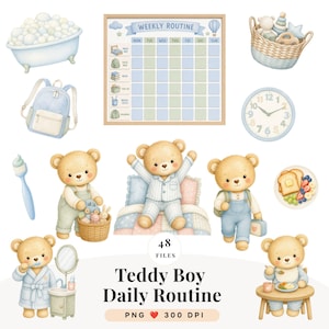 Daily Routine Clipart, Teddy Bear Kids Morning Bedtime PNG, Commercial Use