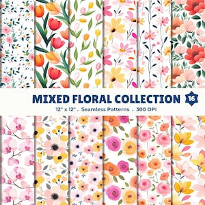 May include: A set of 16 seamless floral patterns, each 30.48 cm x 30.48 cm, showcasing diverse designs and colours. The patterns display watercolour illustrations of flowers, such as roses and tulips, with a 300 DPI resolution.