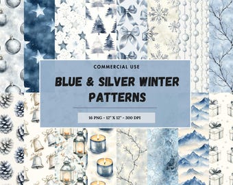 Blue and Silver Winter Seamless Patterns for Crafts & Design | 16 PNGs