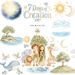 Peut inclure: Une collection numérique d'illustrations à l'aquarelle intitulée 7 Days of Creation, comprenant un soleil, une lune, des nuages, des vagues, des arbres, une baleine, des oiseaux, une girafe, un lapin, un éléphant, un lion et deux personnages.