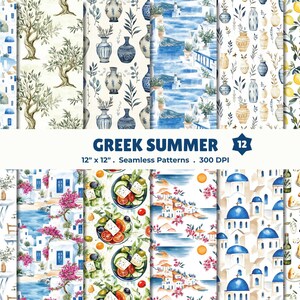 Op de afbeelding: Waterverf naadloze patronen met een Grieks zomerthema. Ontwerpen omvatten witte gebouwen met blauwe koepels, olijfbomen, vazen en eten. De tekst "GREEK SUMMER" en "12" zijn zichtbaar. Elk patroon is 30,48 cm x 30,48 cm.