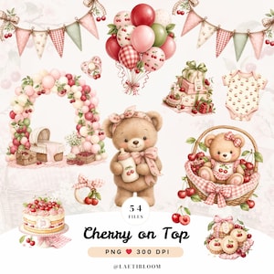 May include: A digital illustration with baby-themed graphics, including a teddy bear with a bottle, a bear in a basket, balloons, a cake, and a onesie, all decorated with cherries. The text "Cherry on Top" is displayed, along with other details.