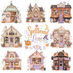 May include: A collection of watercolor illustrations featuring eight distinct Halloween-themed shops including a Mint & Mushroom Shoppe, Haunted Toy Shop, Bone & Bloom, Owl Familiar Shop, Ghost Bakery, and Black Cat Emporium with the text Spellbound Lane.