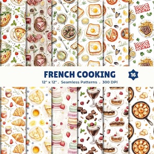 Può includere: Una collezione di 16 motivi senza cuciture a tema cucina francese. Le illustrazioni ad acquerello presentano vari cibi come pane, pasticcini e dessert. I motivi misurano 30,48 cm x 30,48 cm e 300 DPI.