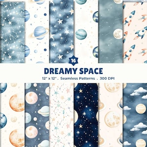 May include: A collection of 16 seamless patterns with a dreamy space theme. The patterns feature planets, stars, rockets, and constellations in shades of blue, beige, and white. The text "Dreamy Space" is displayed, along with the dimensions 12" x 12" and 300 DPI.