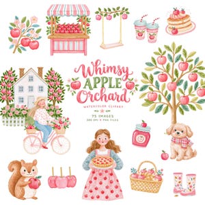 Peut inclure: Une collection d'illustrations à l'aquarelle sur le thème du verger de pommiers, incluant un pommier, un stand de marché, une personne à vélo, une personne tenant une tarte, un écureuil, un chien, un panier et le texte Whimsy APPLE ORCHARD.