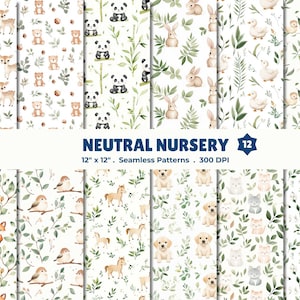 May include: A collection of 12 seamless patterns with watercolor illustrations of animals and foliage. The patterns include deer, bears, pandas, rabbits, ducks, foxes, birds, horses, puppies, cats, and sheep. The text "NEUTRAL NURSERY" is displayed.