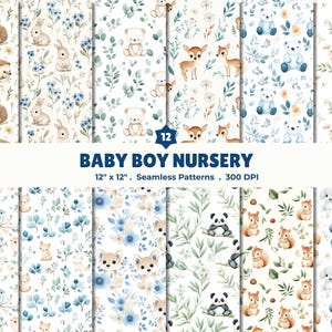 May include: A collection of 12 seamless patterns for baby boy nurseries. The patterns feature watercolor illustrations of animals like bunnies, deer, bears, and puppies, along with floral and botanical elements. Each pattern is 12" x 12" and has a 300 DPI resolution.