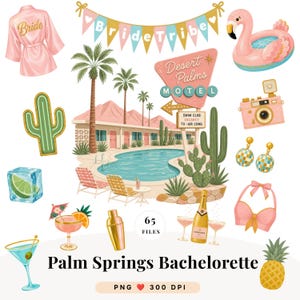 Imágenes prediseñadas de despedida de soltera en Palm Springs, fiesta en acuarela PNG, uso comercial