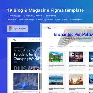 May include: A digital design template for blogs and magazines, with 19 screens, 3 homepages, headers, and footers. The design is modern, well-organised, and documented. The text includes "Innovative Tech Solutions for a Changing World" and "Enchanted Pen Pathway".