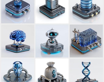 Pack d'icônes Tech 3D argent métallisé | 30 icônes technologiques PNG | Style métal futuriste