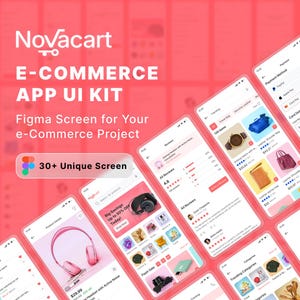 Puede incluir: Un kit de interfaz de usuario de aplicación de comercio electrónico en rosa y blanco, que muestra varias pantallas para detalles de productos, reseñas y métodos de pago. El diseño de la aplicación es limpio y fácil de usar. El texto de la imagen dice "Novacart E-COMMERCE APP UI KIT".