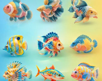 Lot de 54 icônes de poisson 3D – icônes d'aquarium et de fruits de mer en argile