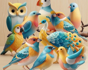 Ensemble de 18 oiseaux 3D – Style argile | Téléchargement numérique