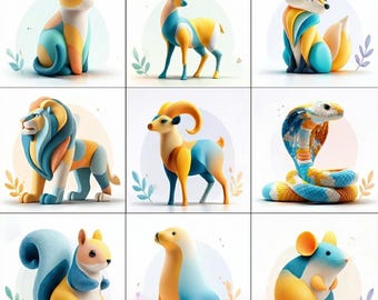 32 icônes d'animaux de style argile - Pack PNG de dessin animé 3D