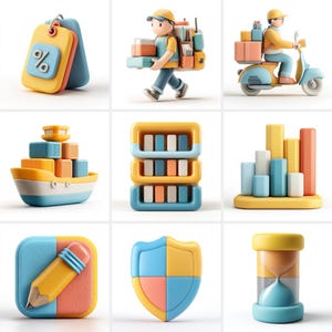 Könnte beinhalten: Eine Sammlung farbenfroher 3D-Illustrationen mit Geschäfts- und E-Commerce-Konzepten. Die Bilder zeigen ein Rabattschild, einen Zusteller, ein Schiff, ein Regal, ein Balkendiagramm, einen Bleistift, ein Schild und eine Sanduhr.