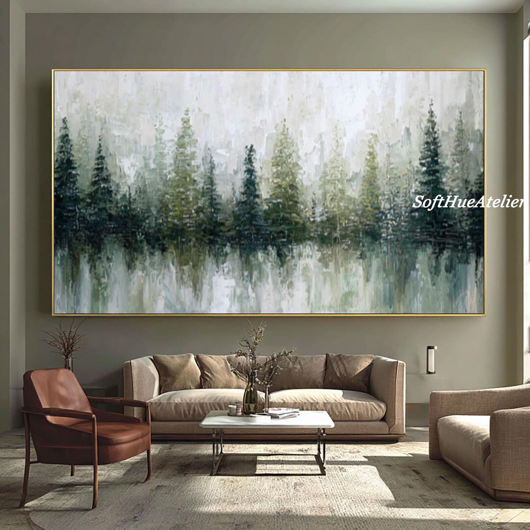 Large Forest Oil Painting Abstract Pine Tree Wall Art Sage Green Canvas ...
