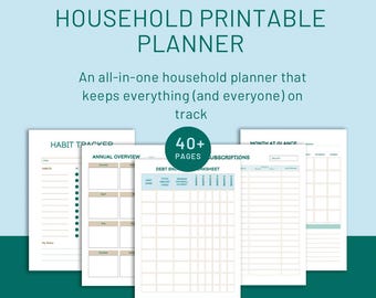 May include: A printable household planner with the text "THE ULTIMATE HOUSEHOLD PRINTABLE PLANNER." The planner includes pages for habit tracking, annual overview, debt snow, and subscriptions. The planner has over 40 pages.