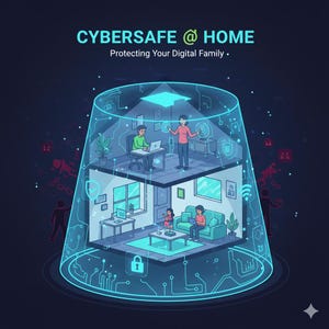 Peut inclure: Illustration d'une maison protégée par un bouclier numérique, avec le texte "CYBERSAFE @ HOME Protecting Your Digital Family." À l'intérieur, des personnes utilisent des ordinateurs portables et des tablettes. L'image utilise une palette de couleurs bleue et sarcelle.