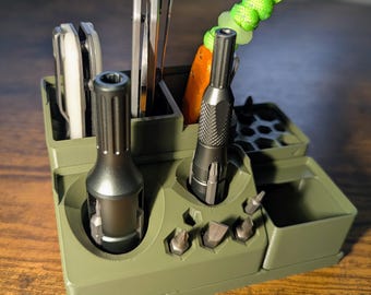 Bit Driver, Sancho Pen, and Knife Organizer with magnets, auto-adjust fins, and Gridfinity-compatible